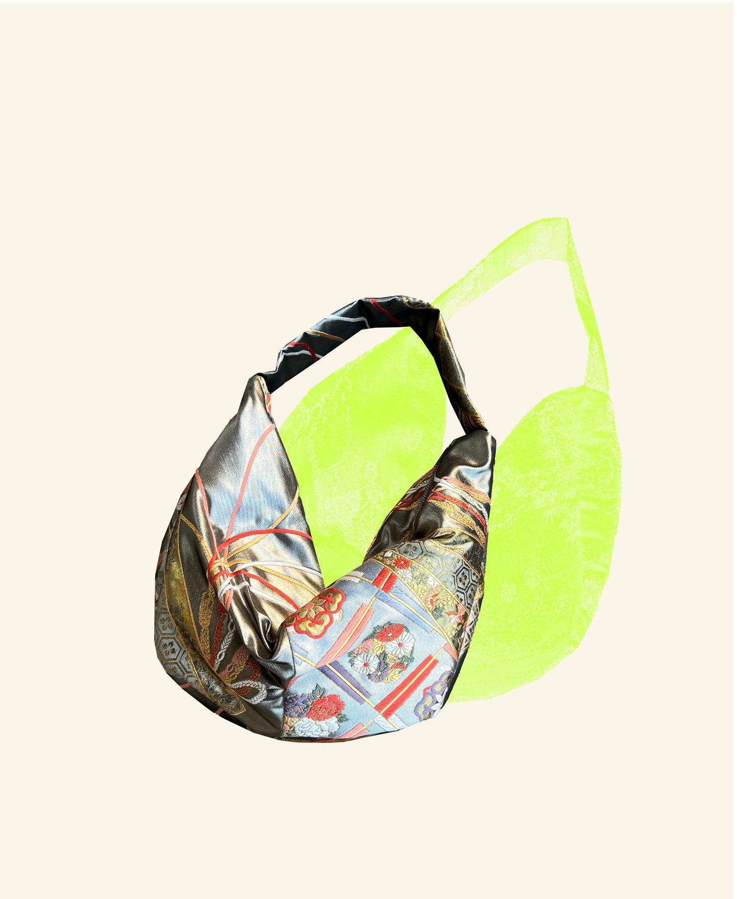 FORTUNE COOKIE BAG (S) <metallic silver ribbon pattern > Upcycled from pre loved obi