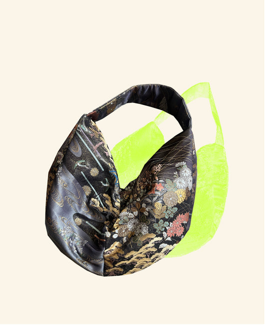 FORTUNE COOKIE BAG (S) <dark purple flowers>  Upcycled from silk obi