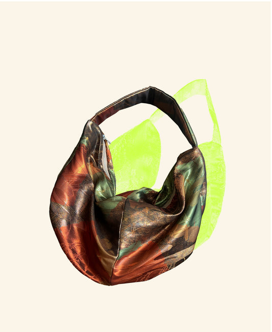 FORTUNE COOKIE BAG (S) <Metallic orange× green Japanese landscape>  Upcycled from silk obi