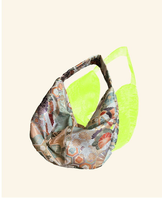 FORTUNE COOKIE BAG (S) <Multi pastel colors with birds and flowers>  Upcycled from silk obi
