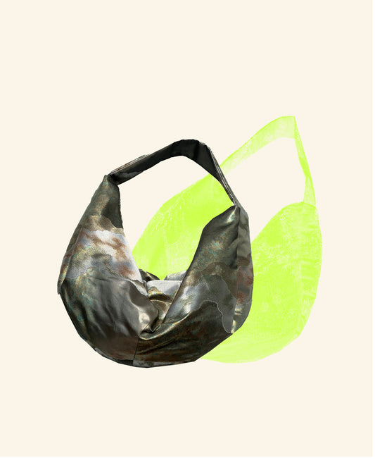 FORTUNE COOKIE BAG (S) <metallic khaki multi abstract motifs>  Upcycled from silk obi