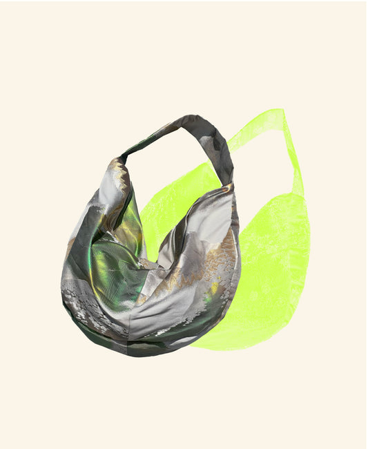 FORTUNE COOKIE BAG (S) <metallic silver × green mountain landscape pattern >  Upcycled from silk obi