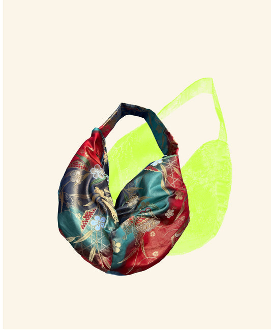 FORTUNE COOKIE BAG (S) <red × green butterfly motifs >  Upcycled from silk obi