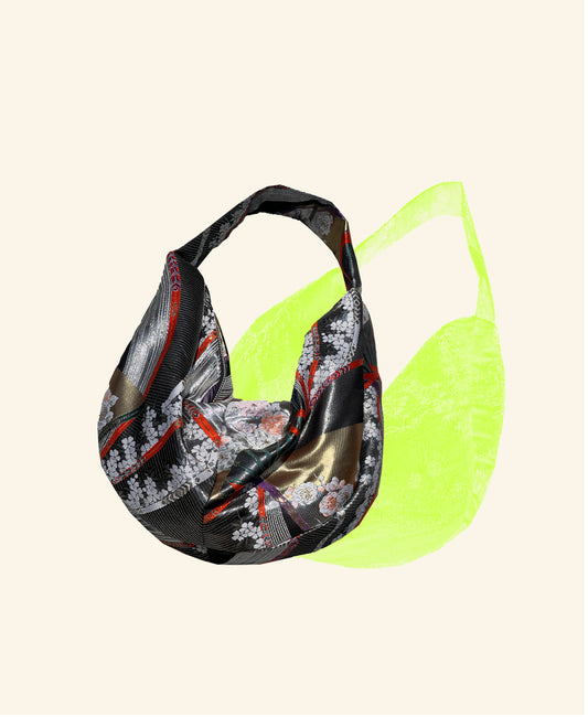 FORTUNE COOKIE BAG (S) <black × silver with ribbon motifs>  Upcycled from silk obi