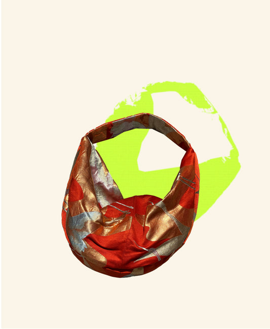 FORTUNE COOKIE BAG (S) <red ×gold × silver with crane motifs>  Upcycled from silk obi