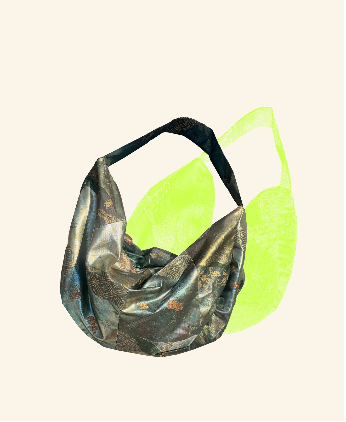 <FORTUNE COOKIE BAG (L) <metallic green multi pattern  >  Upcycled from silk obi