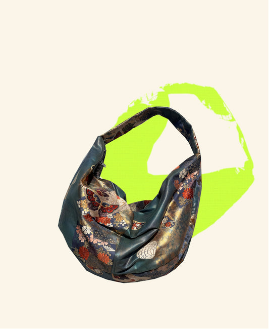 FORTUNE COOKIE BAG (S) <forest green shell&butterfly motifs>  Upcycled from silk obi