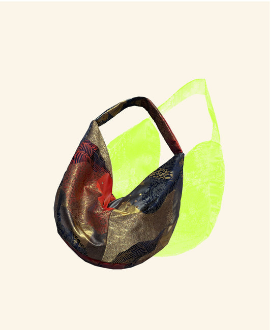 FORTUNE COOKIE BAG (S) <red × navy abstract motifs>  Upcycled from silk obi