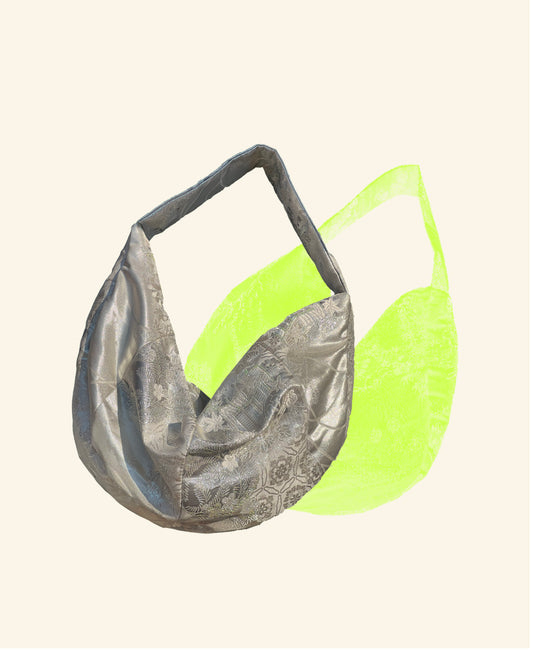 <FORTUNE COOKIE BAG (L) <silver multi flower motifs >  Upcycled from silk obi