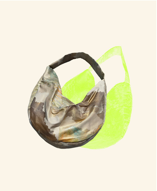 FORTUNE COOKIE BAG (S) <metallic beige pastel crane pattern >  Upcycled from silk obi