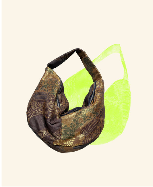 FORTUNE COOKIE BAG (S) <dark maroon × gold abstract pattern >  Upcycled from silk obi