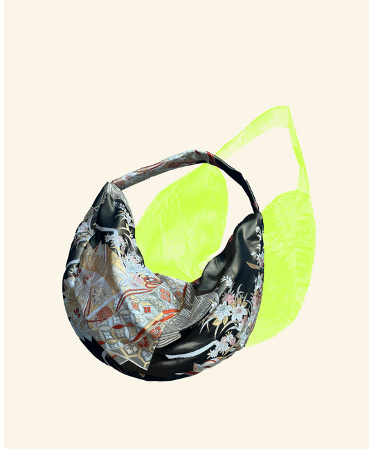 FORTUNE COOKIE BAG (S) <metallic black ribbon flower temple motifs >  Upcycled from silk obi