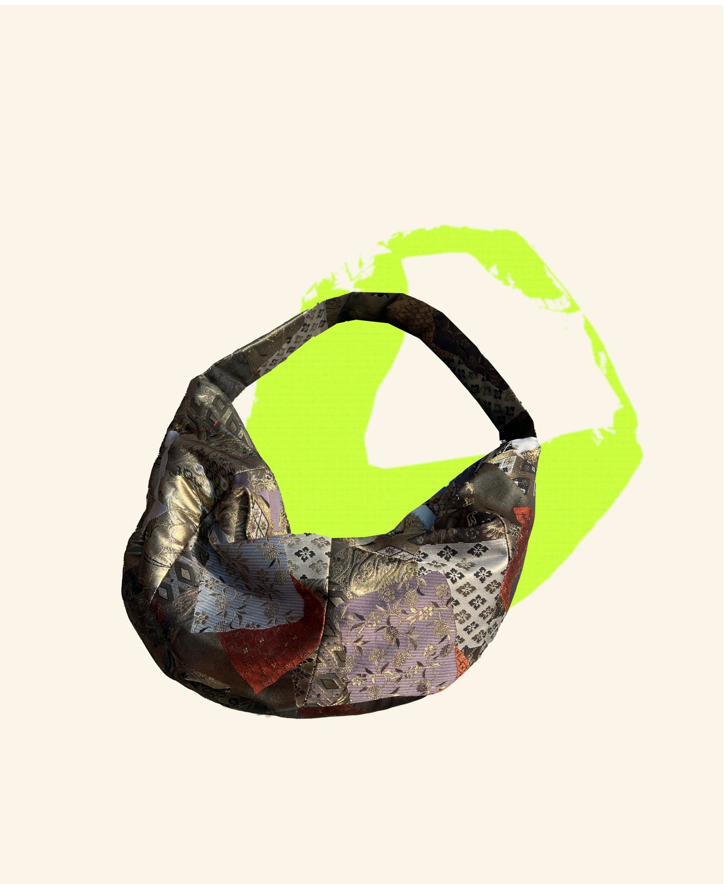 <FORTUNE COOKIE BAG (L) <metallic multi dark color with flowers >  Upcycled from silk obi