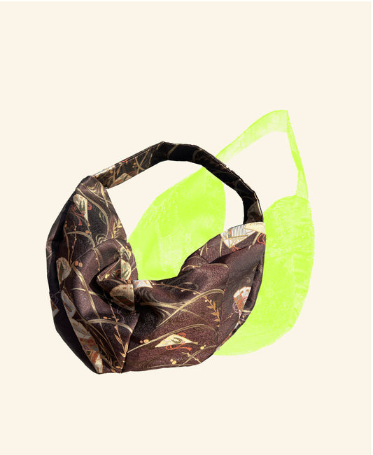 <FORTUNE COOKIE BAG (L) <dark maroon with japanese fan sensu  >  Upcycled from silk obi