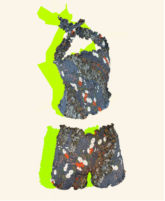 2WAYS UPCYCLED KIMONO CROSS NECK MATCHING SET TOP&SHORTS <ash blue>