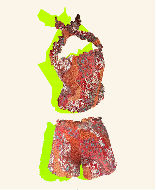 2WAYS UPCYCLED KIMONO CROSS NECK MATCHING SET TOP&SHORTS <red>