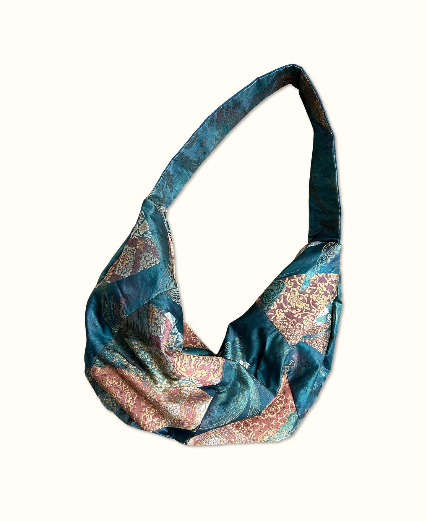 <FORTUNE COOKIE BAG (L) <metallic teal blue floral pattern> Upcycled product