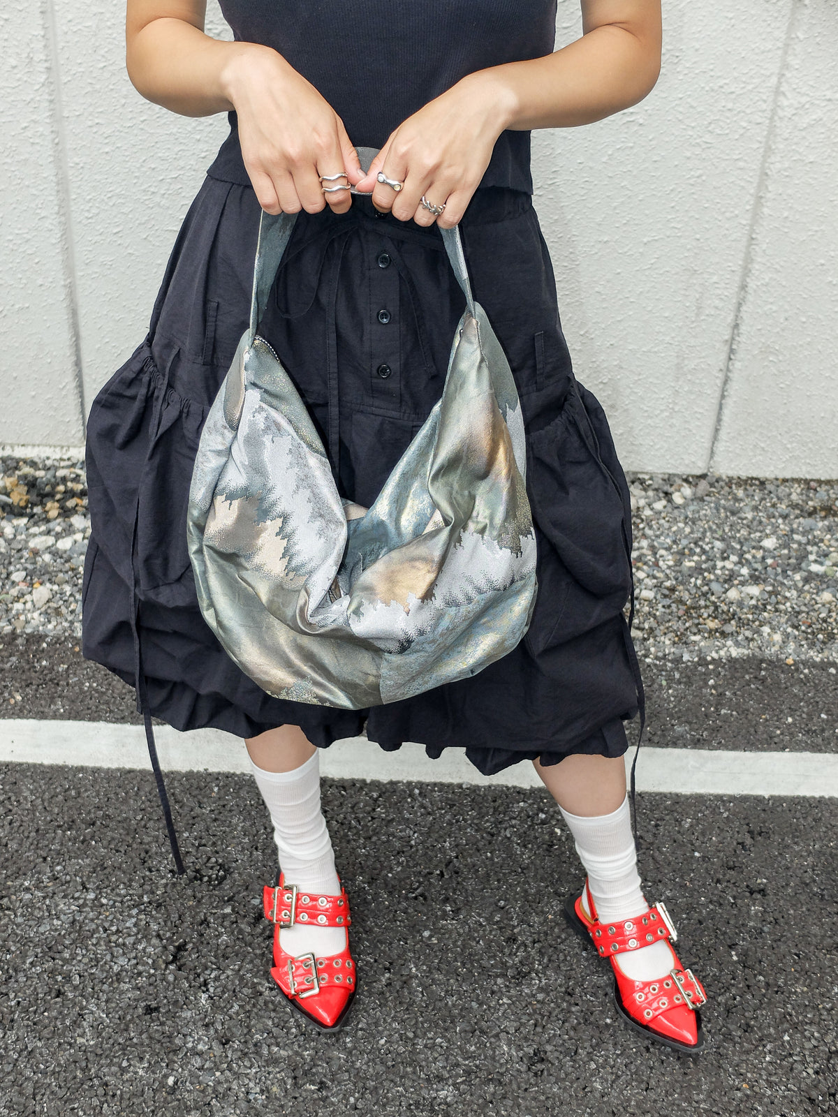 FORTUNE COOKIE BAG (S) <metallic light blue × grey mountain landscape > Upcycled from second hand obi