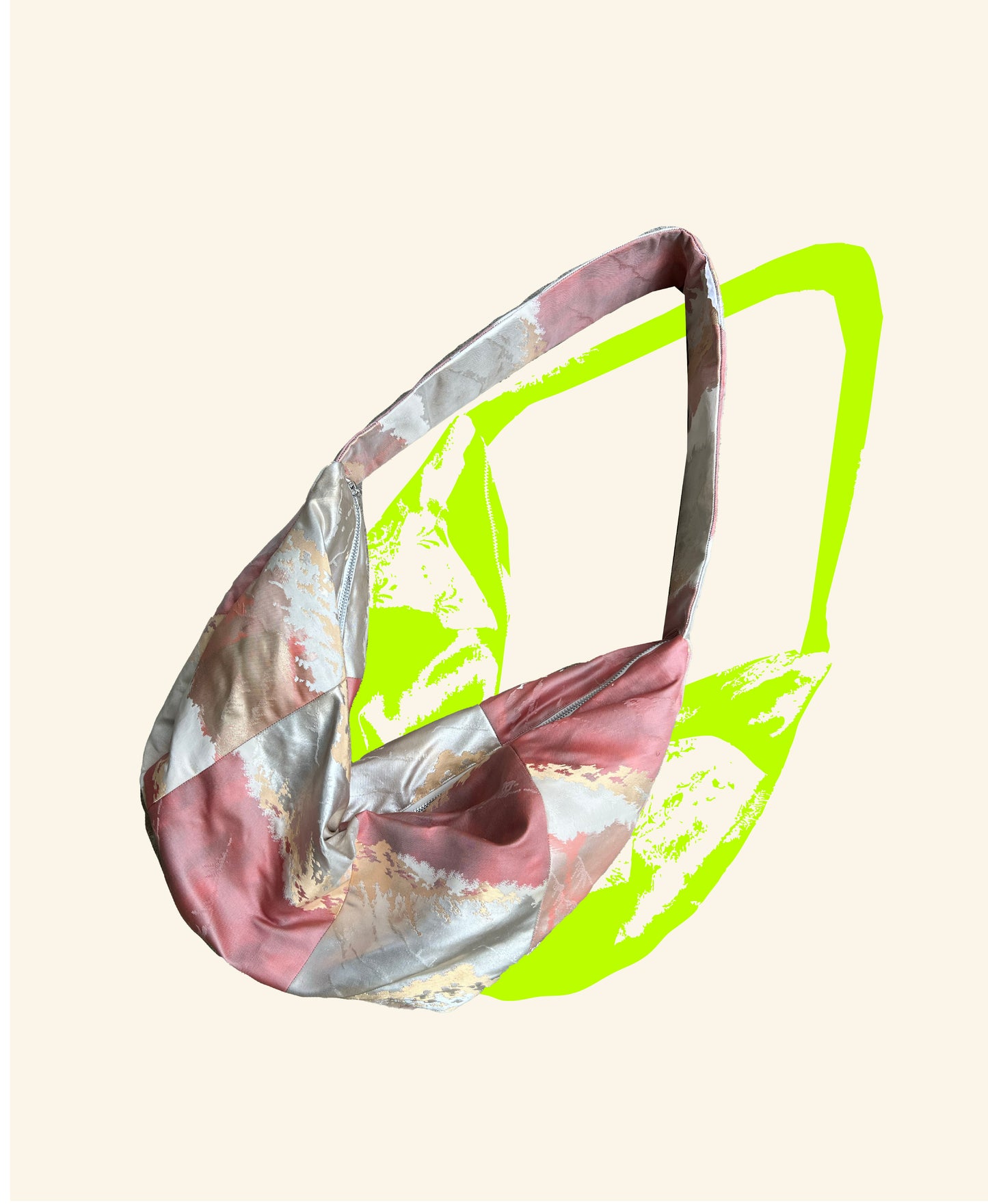 <FORTUNE COOKIE BAG (L) <metallic salmon pink mountain landscape pattern> Upcycled product