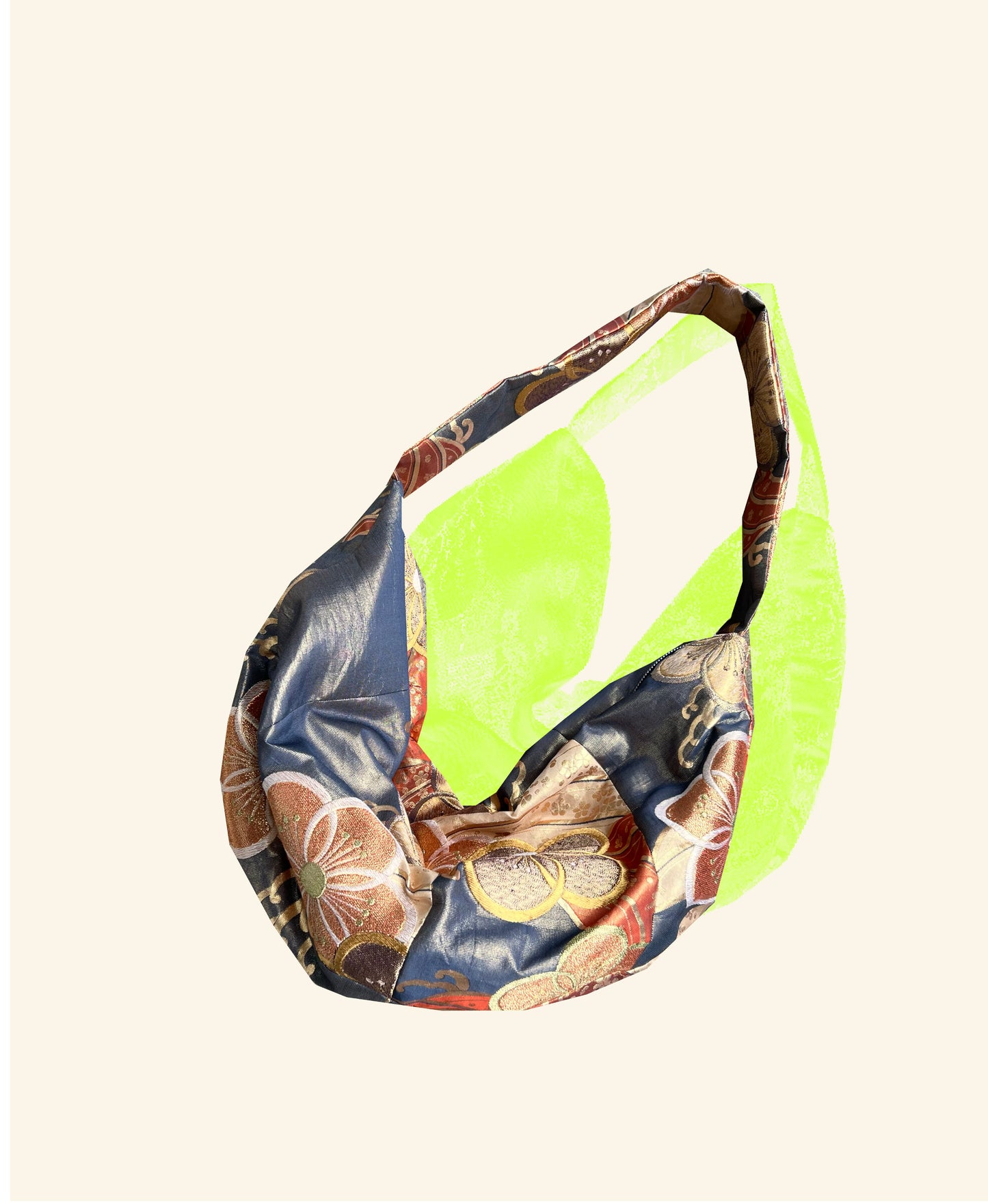 <FORTUNE COOKIE BAG (L) <metallic ash navy flower and wave pattern > Upcycled product