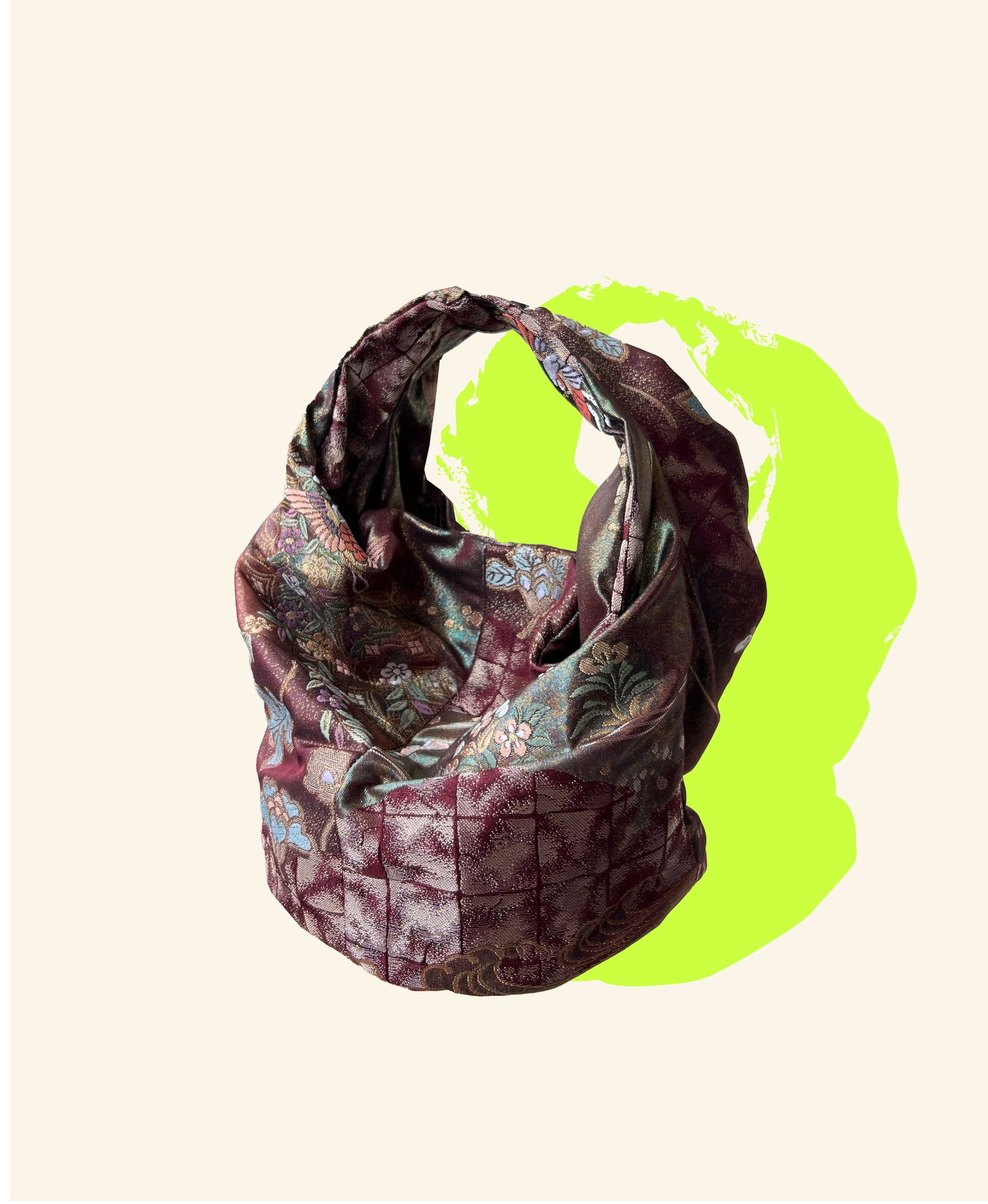 COMORI BAG (L) <burgundy bird and floral pattern > Upcycled product
