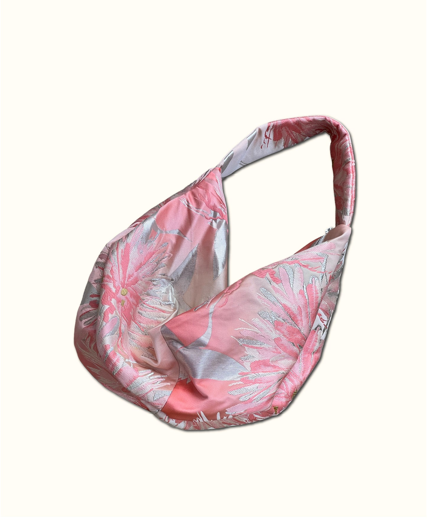FORTUNE COOKIE BAG (S) <light pink × silver crane pattern > Upcycled from second hand obi