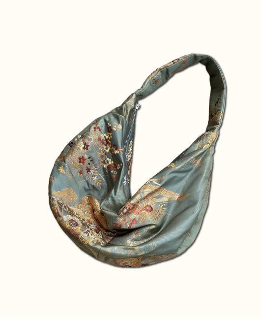 FORTUNE COOKIE BAG (S) <ash green flower motif > Upcycled from second hand obi