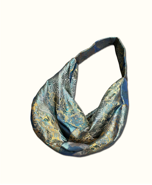 FORTUNE COOKIE BAG (S) <blue × gold floral pattern > Upcycled from second hand obi