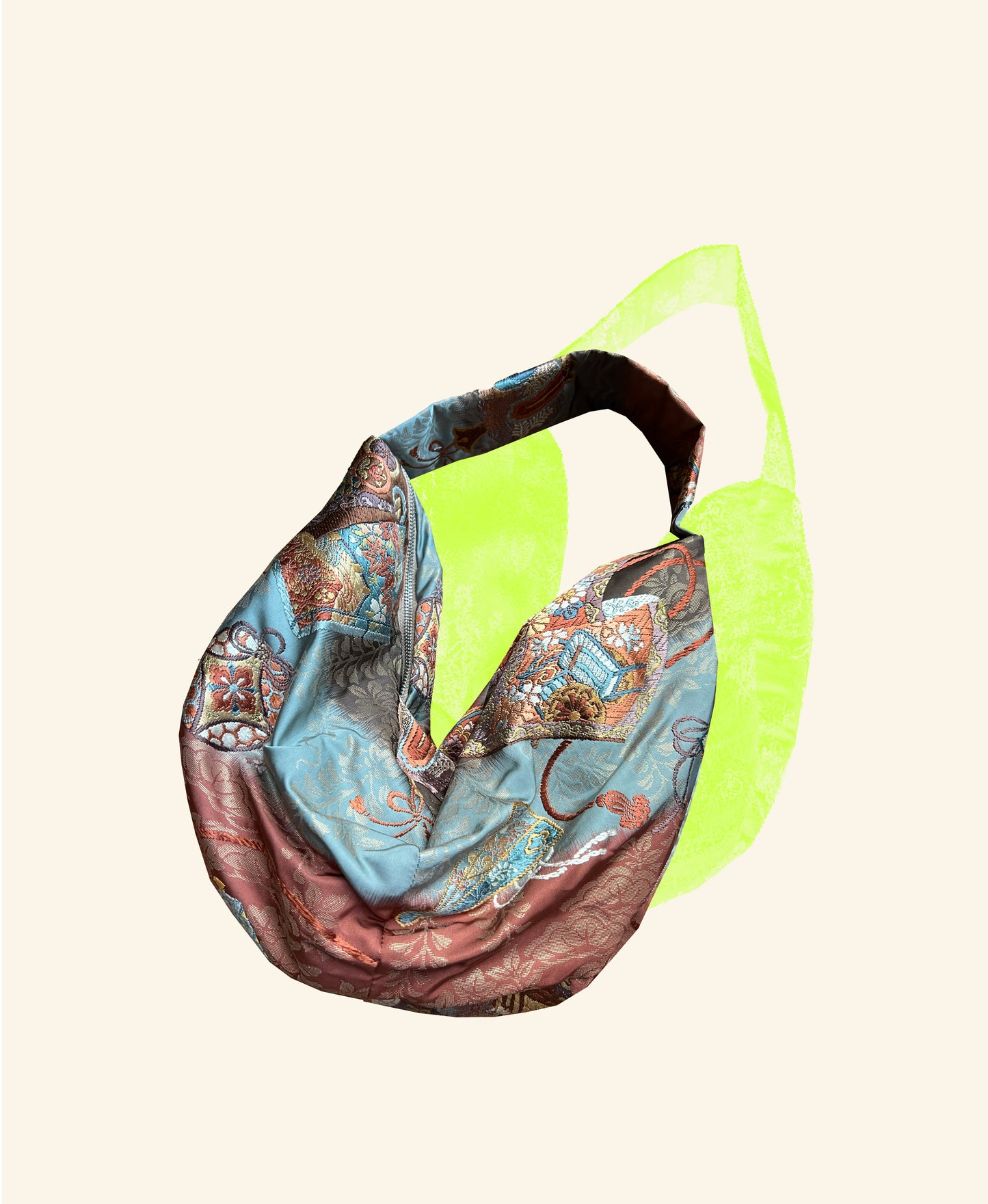 FORTUNE COOKIE BAG (S) <light blue× beige multiple lucky omen pattern with ribbons > Upcycled from silk obi