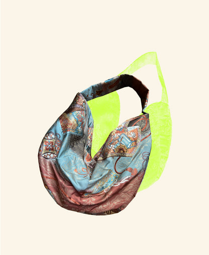 FORTUNE COOKIE BAG (S) <light blue× beige multiple lucky omen pattern with ribbons > Upcycled from silk obi