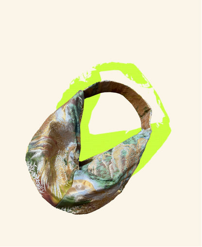 FORTUNE COOKIE BAG (S) <metallic green×orange landscape > Upcycled from silk obi