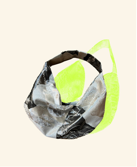 FORTUNE COOKIE BAG (S) <metallic silver×black multi flowers> Upcycled from silk obi