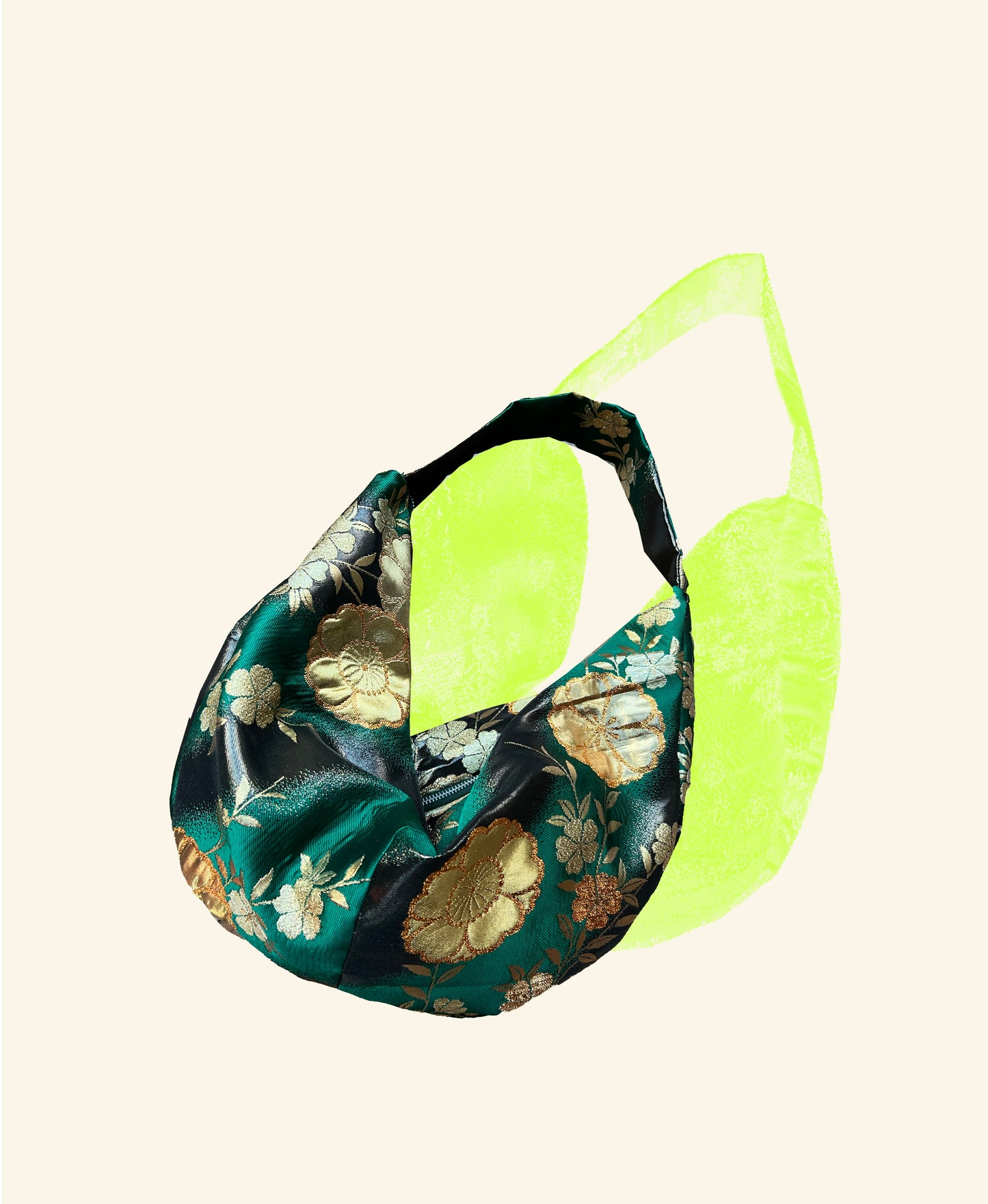 FORTUNE COOKIE BAG (S) <metallic green×black multi flowers> Upcycled from silk obi