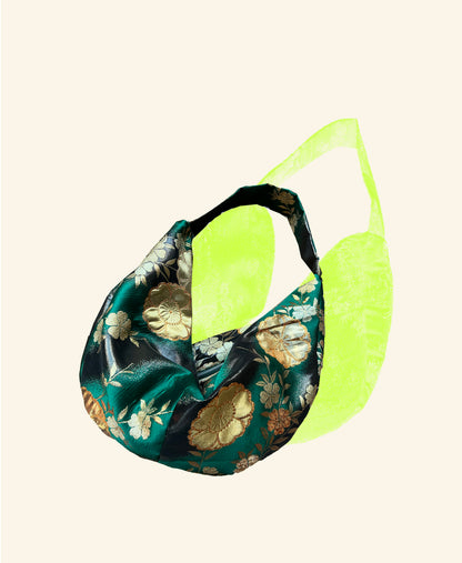 FORTUNE COOKIE BAG (S) <metallic green×black multi flowers> Upcycled from silk obi