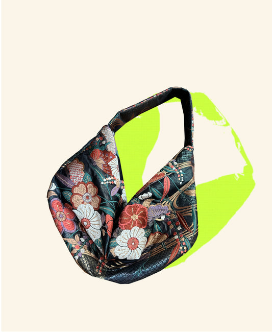 FORTUNE COOKIE BAG (S) <dark navy with multi flowers> Upcycled from silk obi