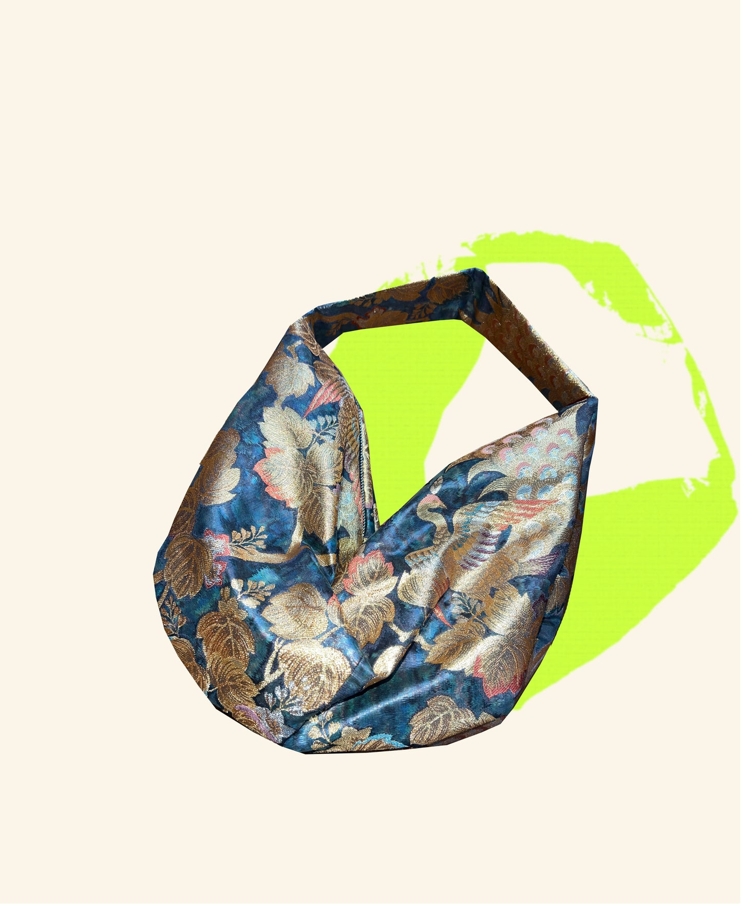 FORTUNE COOKIE BAG (S) <metallic blue with multi floral pattern> Upcycled from silk obi