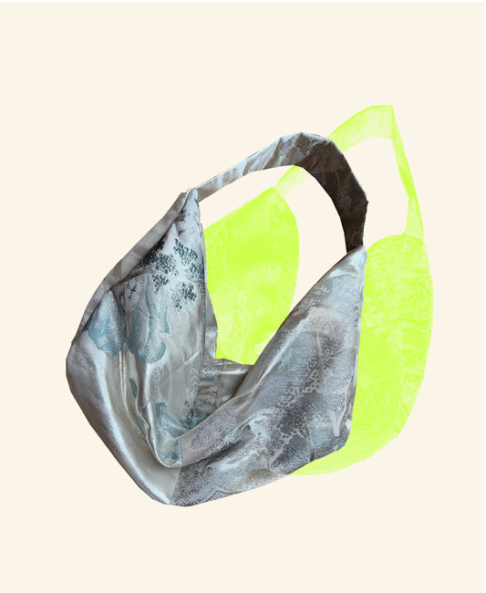FORTUNE COOKIE BAG (S) <silver with Japanese garden> Upcycled from silk obi