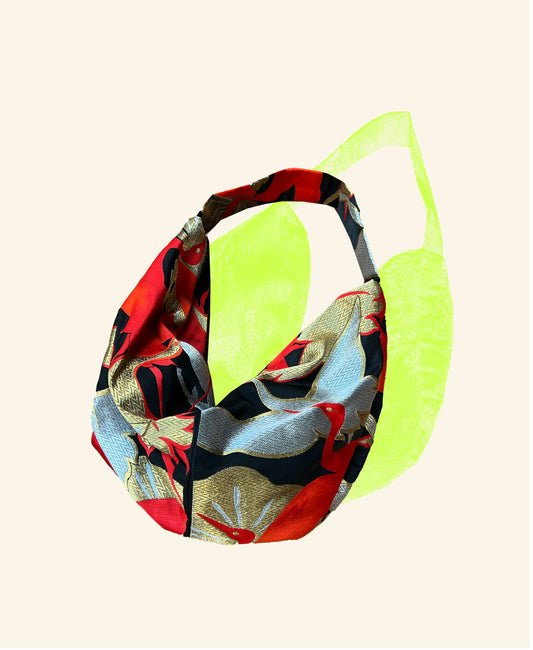 FORTUNE COOKIE BAG (S) <black×red with Japanese crane pattern> Upcycled from silk obi