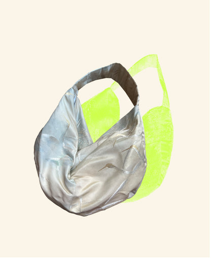 FORTUNE COOKIE BAG (S) <off white with a hint of light blue Japanese crane pattern> Upcycled from silk obi