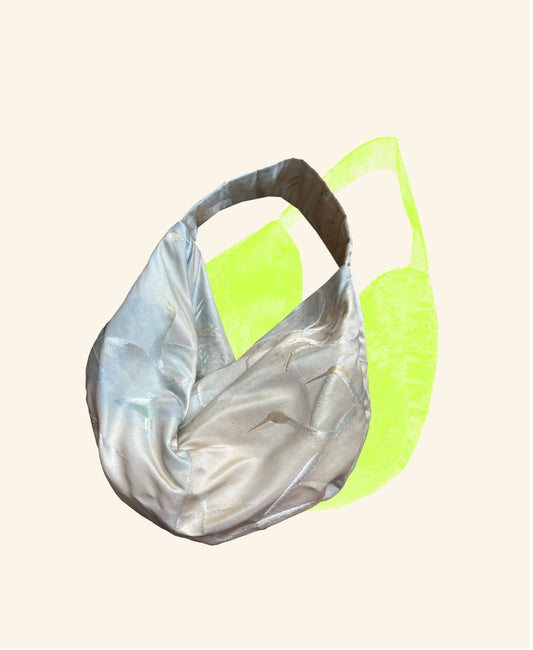 FORTUNE COOKIE BAG (S) <off white with a hint of light blue Japanese crane pattern> Upcycled from silk obi