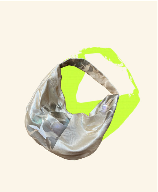 FORTUNE COOKIE BAG (S) <metallic silver with japanese crane  pattern> Upcycled from pre loved obi