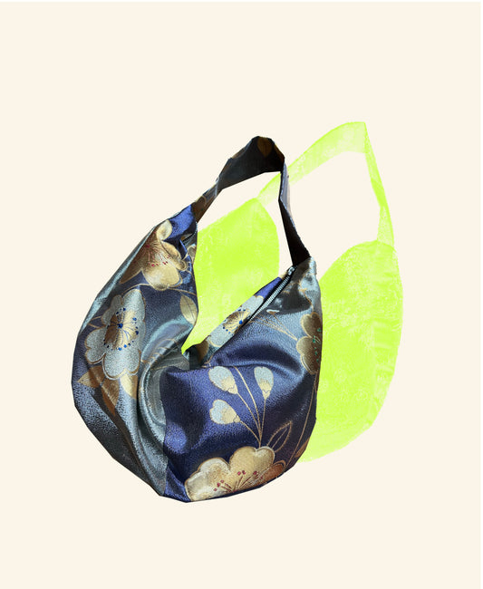 FORTUNE COOKIE BAG (S) <metallic silver×purple with flower pattern> Upcycled from pre loved obi