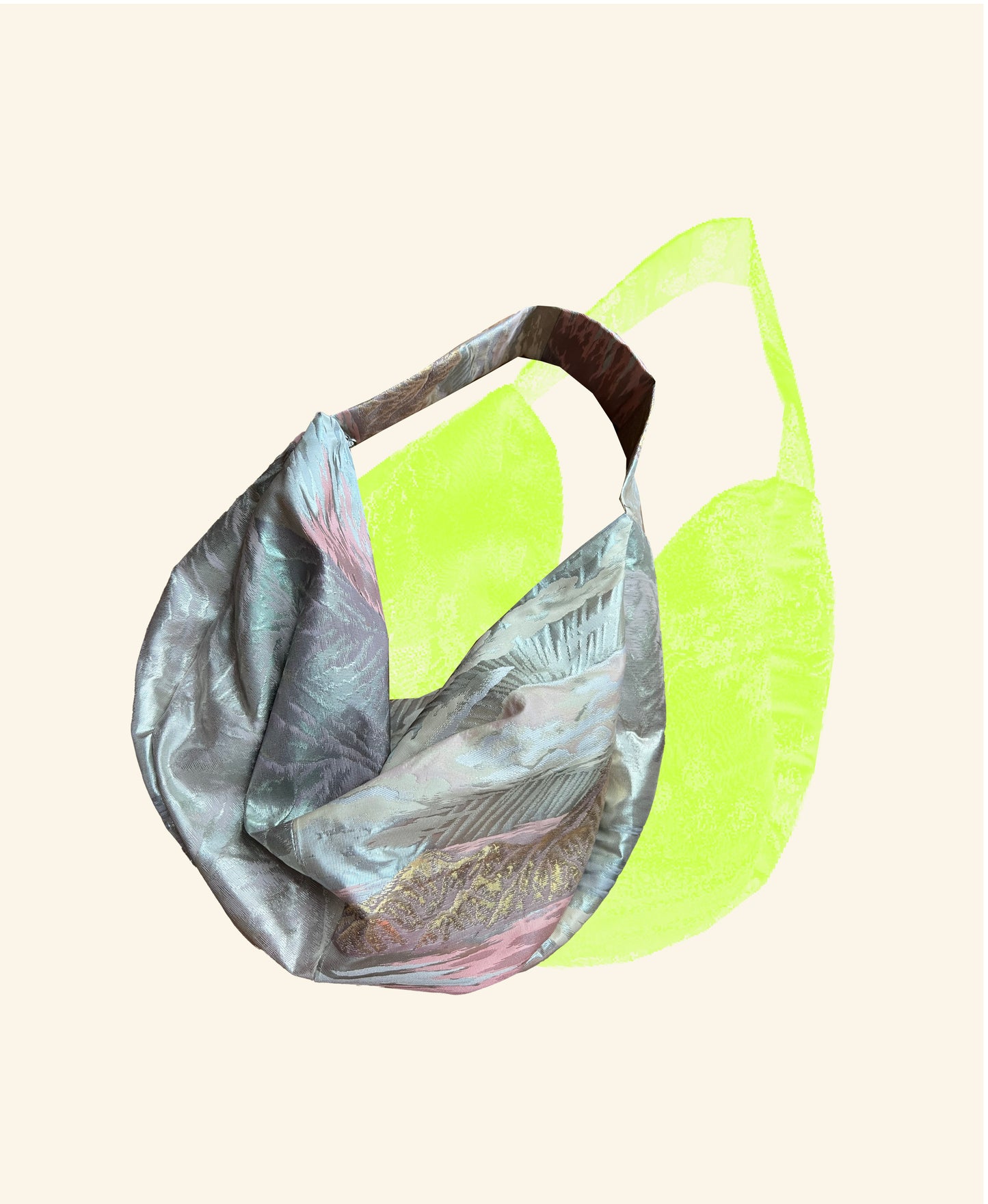 FORTUNE COOKIE BAG (S) <metallic silver×light pink with landscape pattern> Upcycled from pre loved obi