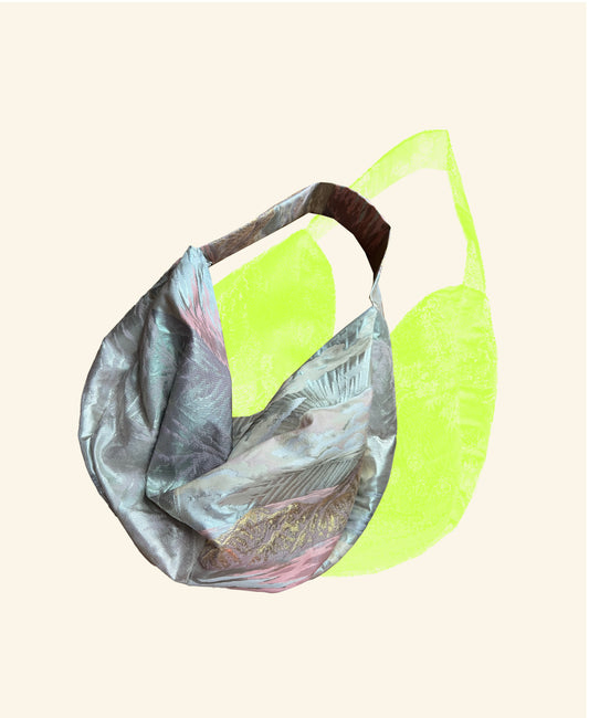 FORTUNE COOKIE BAG (S) <metallic silver×light pink with landscape pattern> Upcycled from pre loved obi