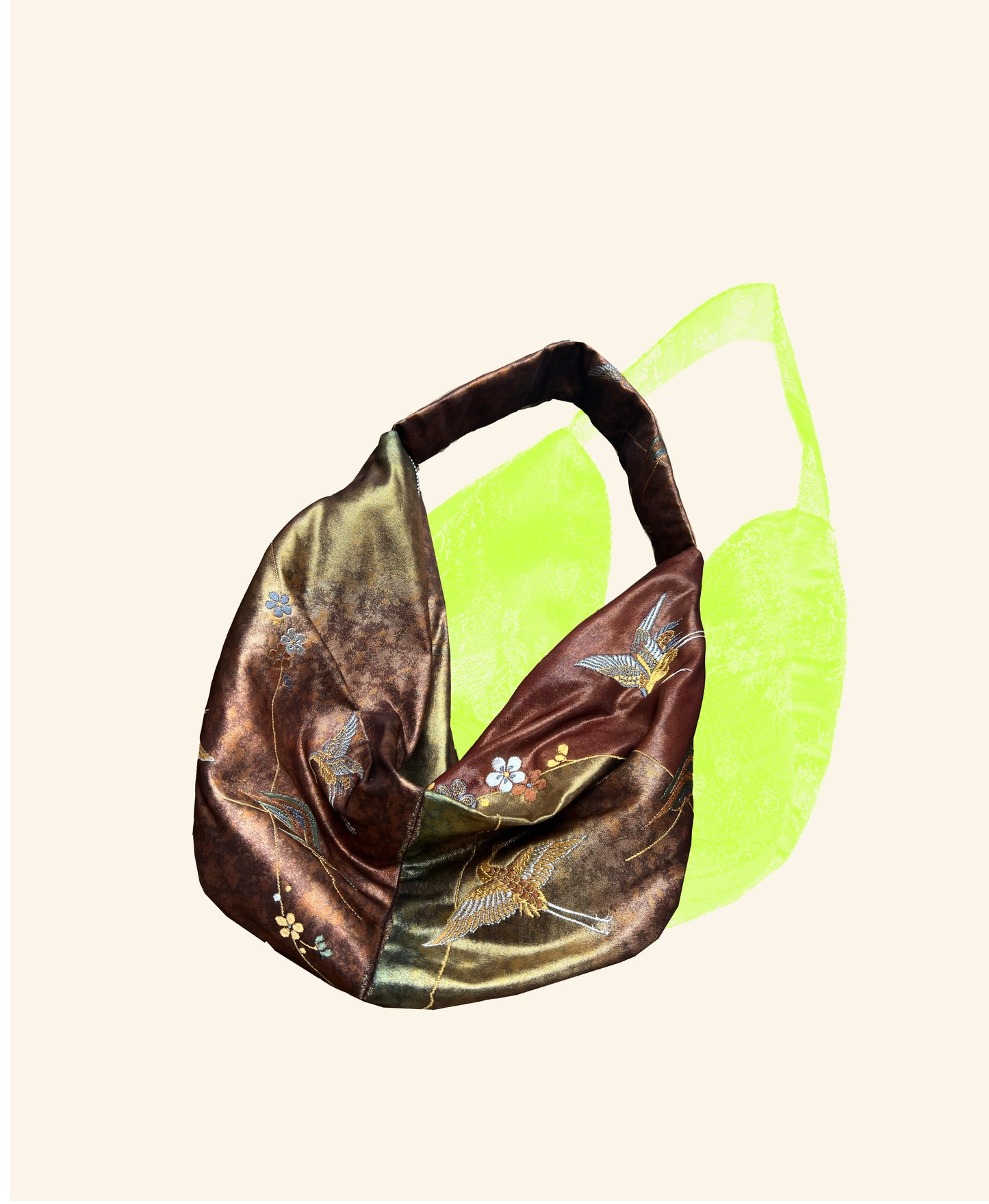 FORTUNE COOKIE BAG (S) <metallic burgundy with flower and bird pattern> Upcycled from pre loved obi