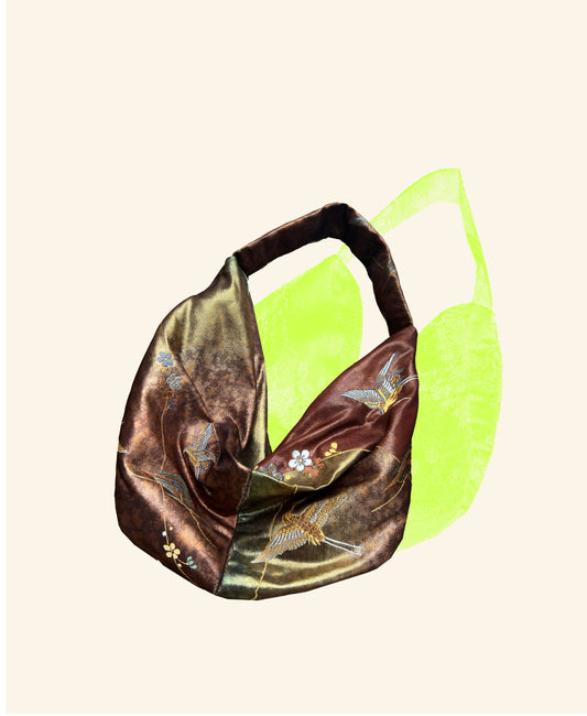 FORTUNE COOKIE BAG (S) <metallic burgundy with flower and bird pattern> Upcycled from pre loved obi