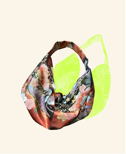 FORTUNE COOKIE BAG (S) <red×black multiple lucky omen pattern with flowers > Upcycled from silk obi