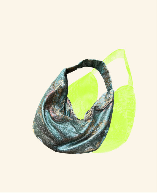 FORTUNE COOKIE BAG (S) <metallic green floral pattern> Upcycled from pre loved obi