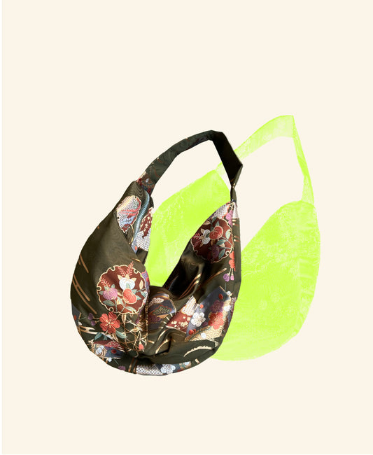 FORTUNE COOKIE BAG (S) <khaki floral pattern > Upcycled from pre loved obi