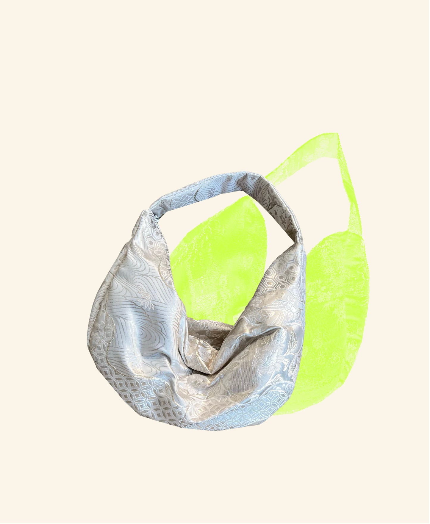 FORTUNE COOKIE BAG (S) <off white×silver multi lucky omen pattern > Upcycled from pre loved obi